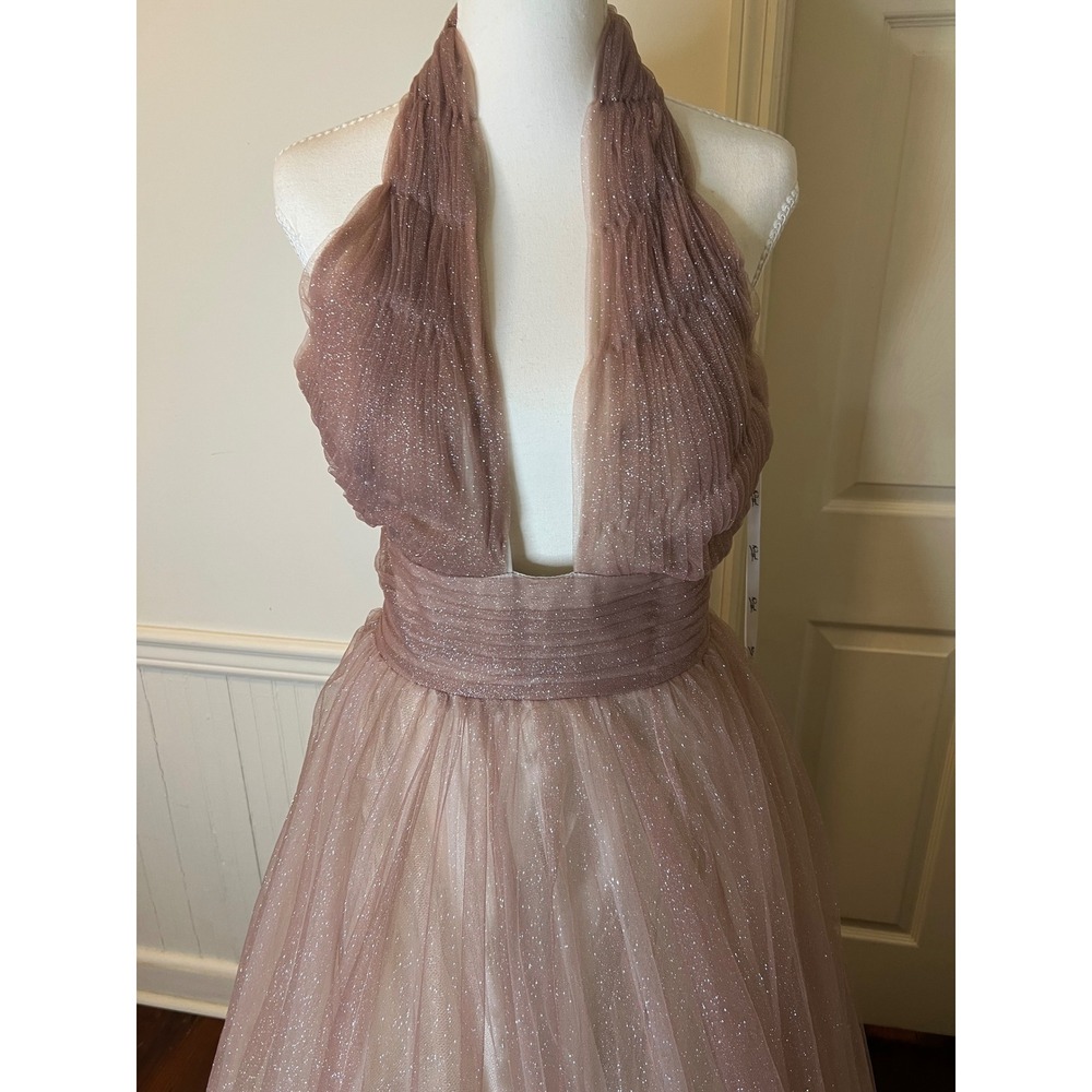 Mac Duggal 20376 Mauve Rose Glitter Tulle Halter Neck Gown Formal Prom Dress NEW - Picture 3 of 13
